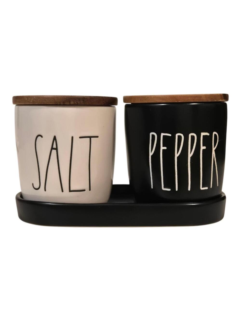 Rae Dunn Salt Pepper Artisan Collection Ceramic Cellar Wood Lid Black White Tray